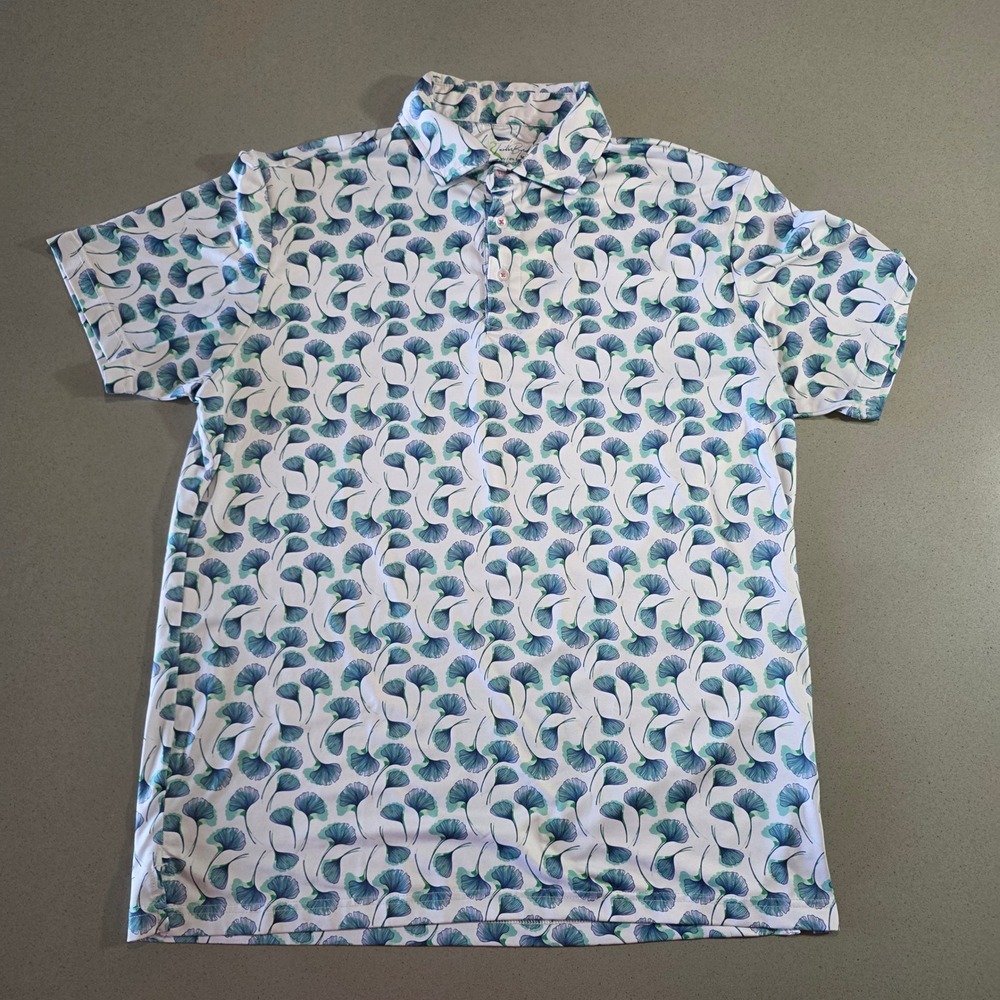 TailorByrd Mens Large Blue Green Ginkgo Floral Performance Golf Polo Shirt L